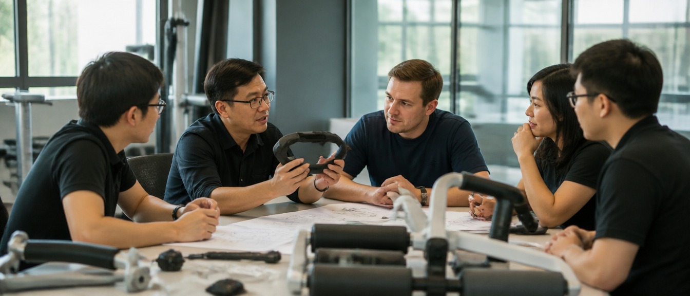 Taiwanese factory engineers collaborating on new product design with Western brand owner