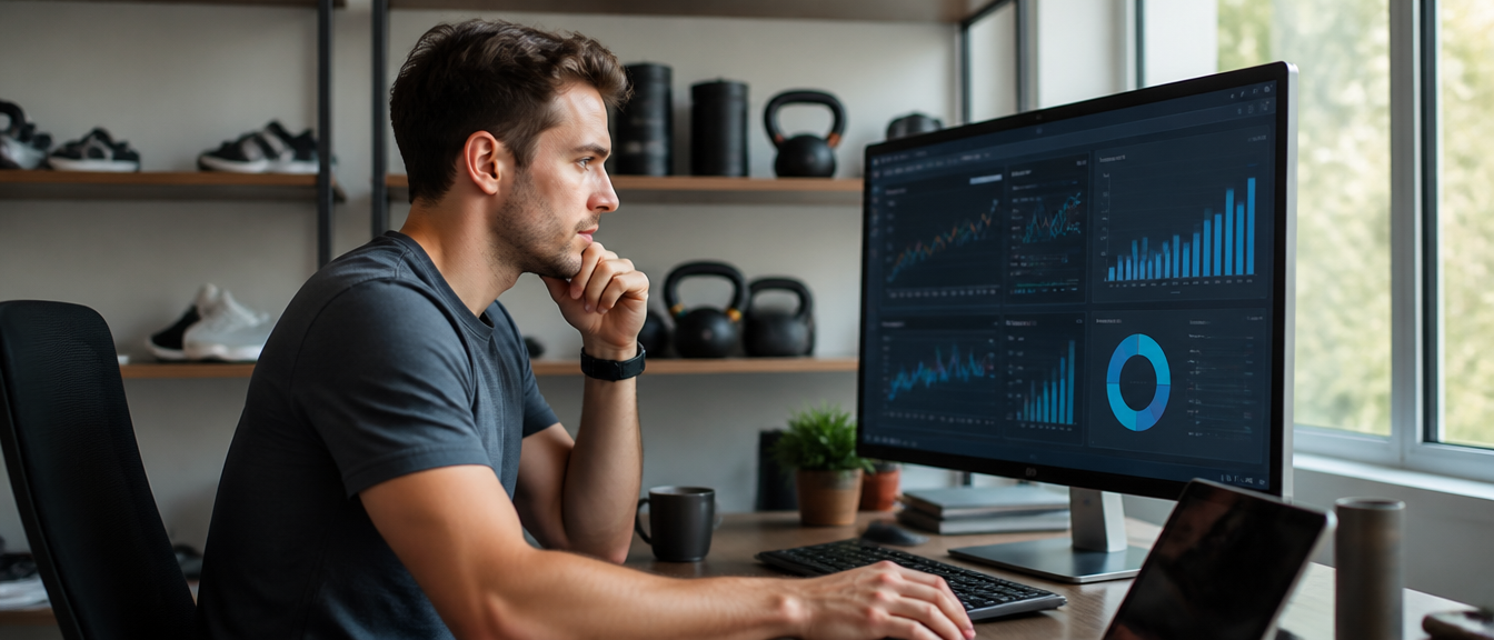 E-commerce fitness brand manager reviewing analytics on a monitor