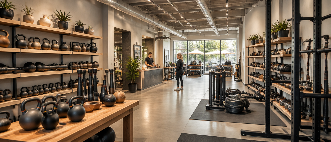 Premium specialty fitness equipment boutique showing niche brand positioning