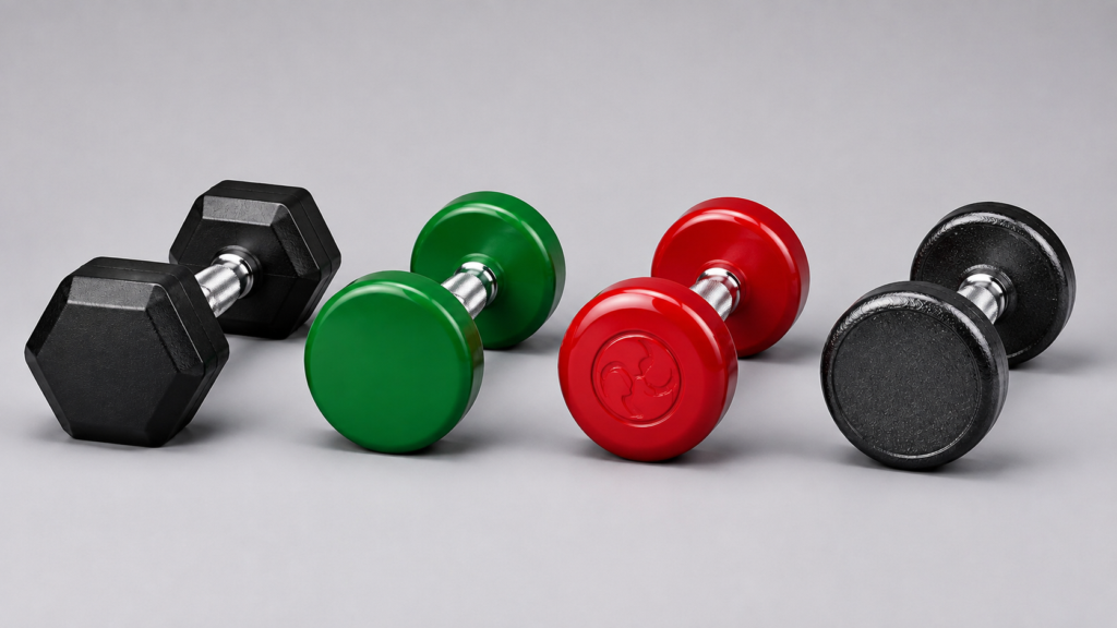 Bốn tùy chọn lớp phủ cho tạ đơn được so sánh song song: cao su, polyurethane, CPU urethane và đầu tạ bằng gang sơn phủ