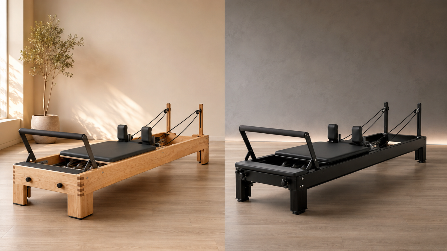 Một chiếc máy tập Pilates kiểu reformer làm từ gỗ phong đặt bên cạnh một chiếc máy tập Pilates kiểu reformer làm từ nhôm, cho thấy hai loại vật liệu khung máy được đặt cạnh nhau