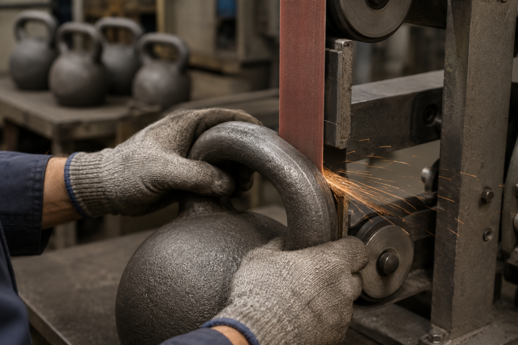 Mài nhẵn đường nối trên tay cầm quả tạ kettlebell đúc trước khi sơn phủ