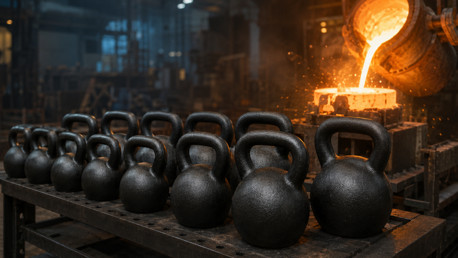 Những quả tạ kettlebell vừa được đúc bằng phương pháp đúc trọng lực đang được làm nguội trong xưởng đúc, phía sau là dòng sắt nóng chảy đang được rót vào khuôn