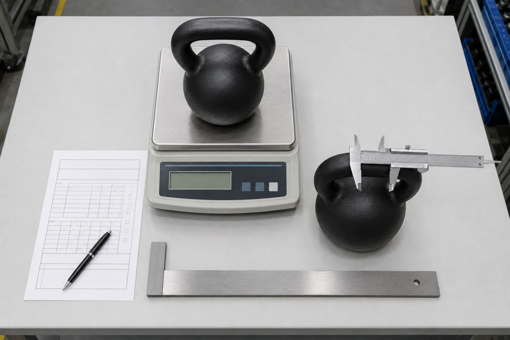 Mẫu tạ kettlebell đang được kiểm tra so với bảng thông số kỹ thuật bằng cân, thước kẹp và thước thẳng