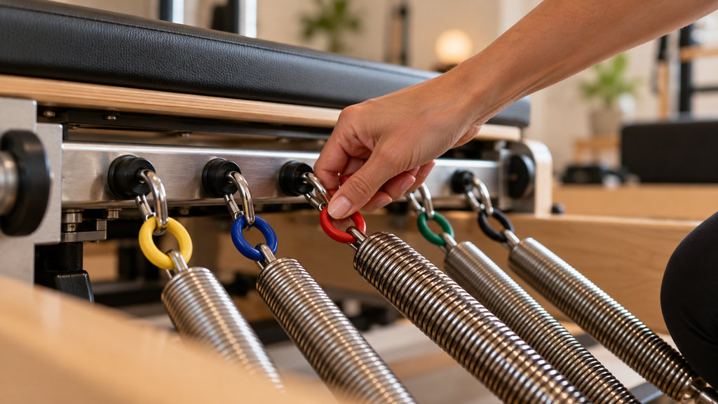 Close-up of color-coded reformer springs being adjusted on the carriage bar