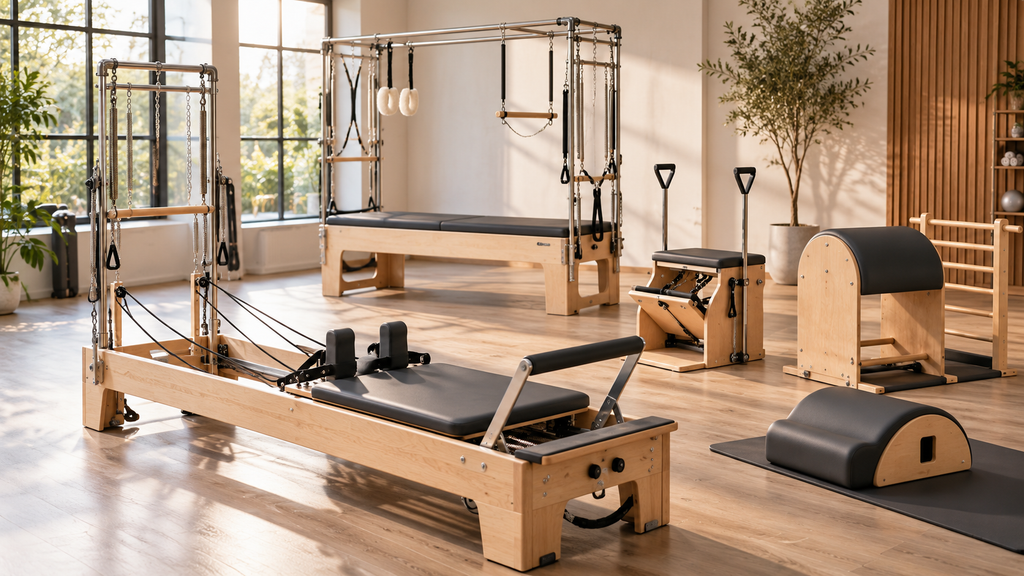 Full Pilates apparatus family: reformer with tower, Cadillac, stability chair, and barrels