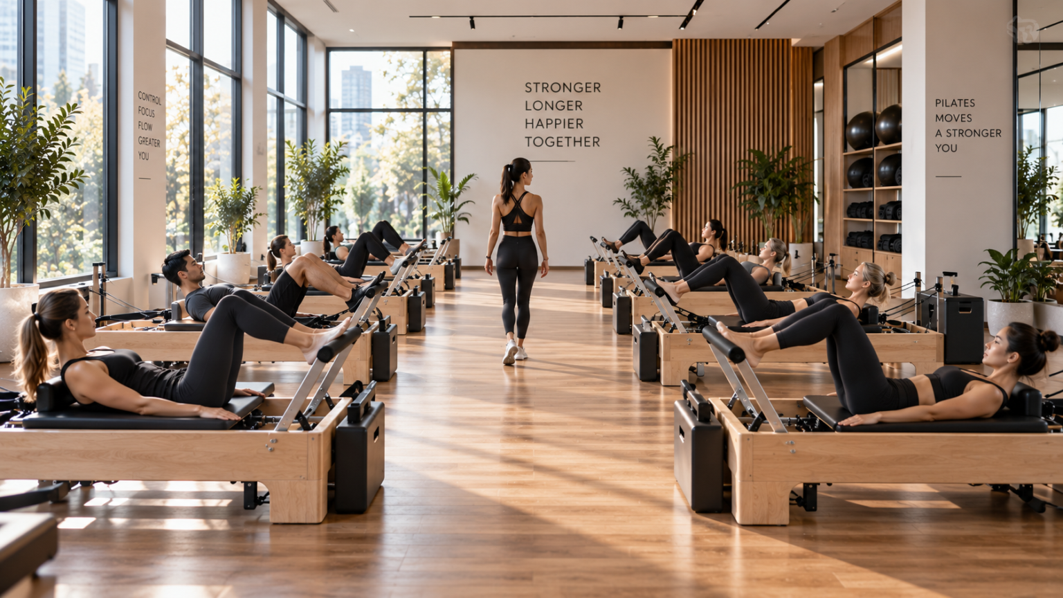 Układ studia pilates z dwoma rzędami reformerów i szerokim przejściem dla instruktorów