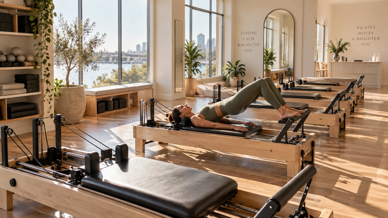 Reformer pilates studio with a row of spring-resisted machines and a person exercising