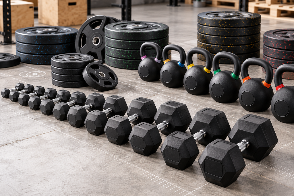 The founding product trio — hex dumbbell run, weight plates and kettlebells — arranged as a planned assortment.