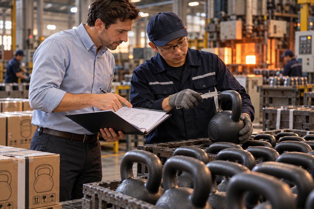 Buyer and factory engineer reviewing specifications beside a casting line producing kettlebells.