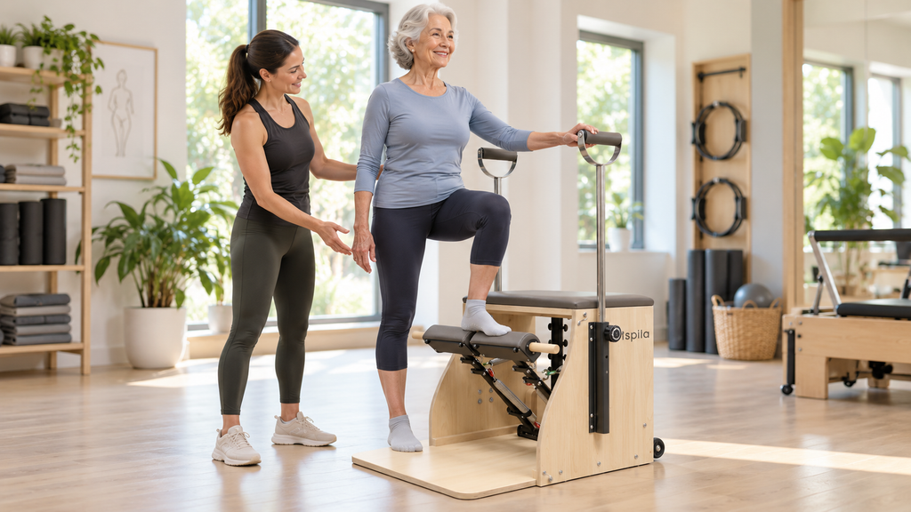Supported standing pump on a Pilates chair using the adjustable handles with instructor nearby