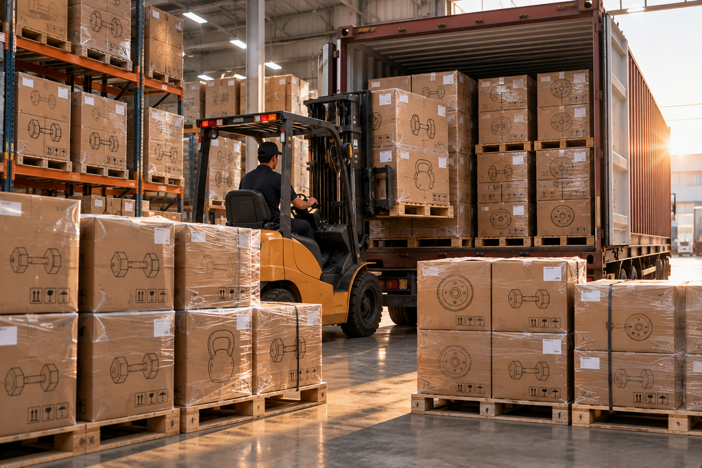 Mixed container of dumbbells, plates and kettlebells being loaded, illustrating freight-dense free-weight logistics.