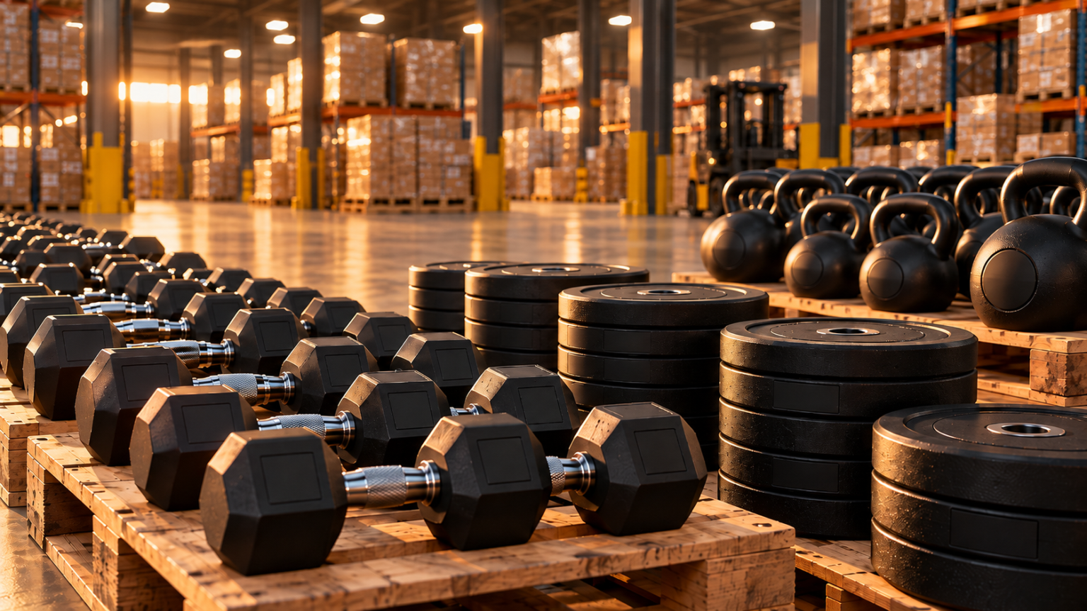 Rows of branded hex dumbbells, plates and kettlebells in a warehouse ready for a private-label launch.