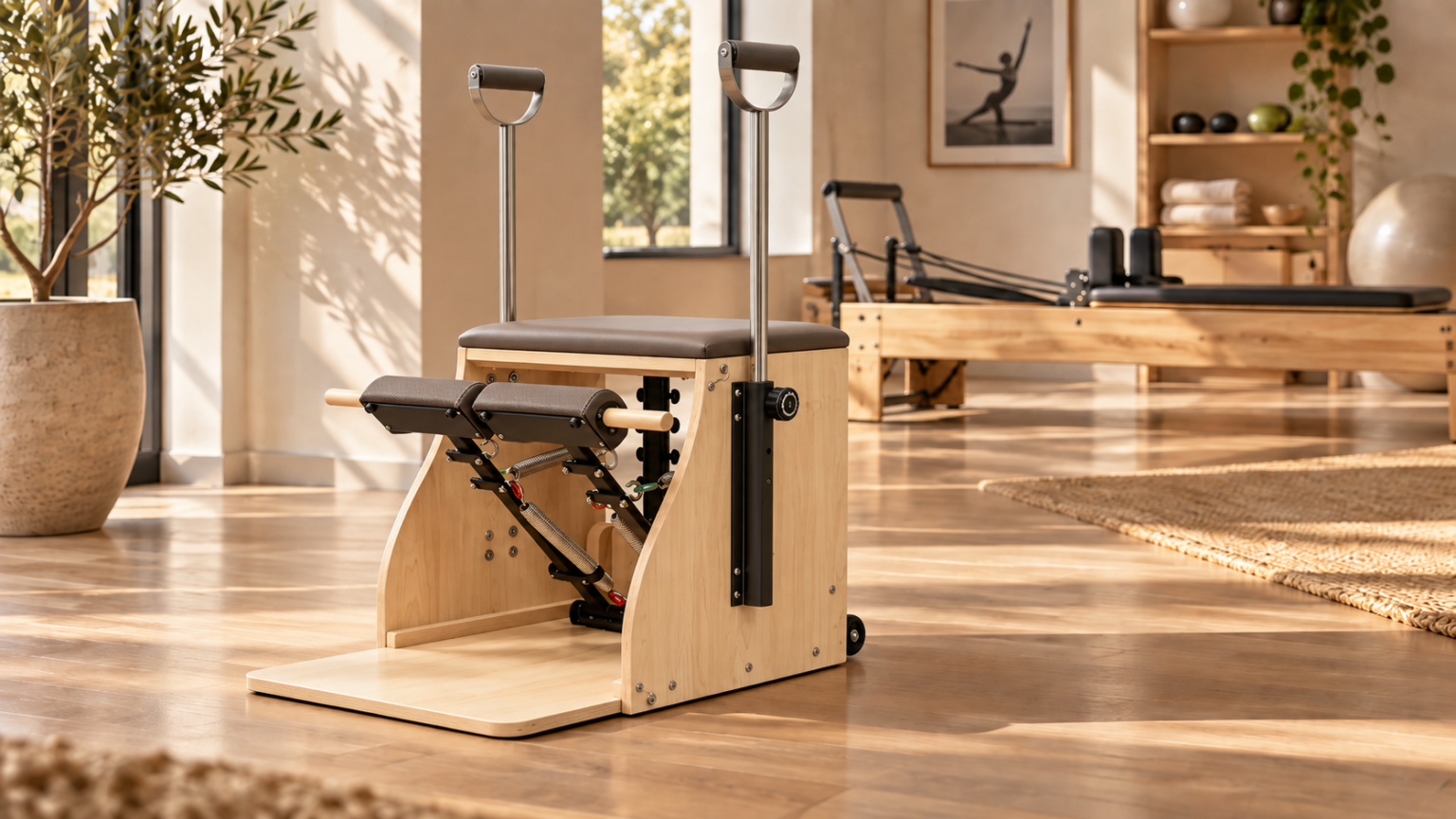 Maple combo stability chair with split pedal and springs in a Pilates studio corner